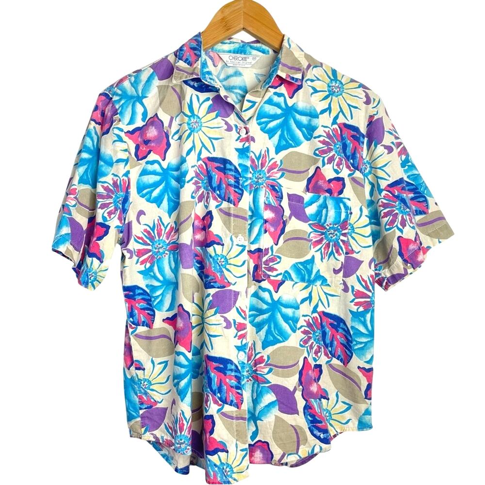 Cherokee Cotton Floral Button Down Shirt Blue and Purple Tropical Hawaiian